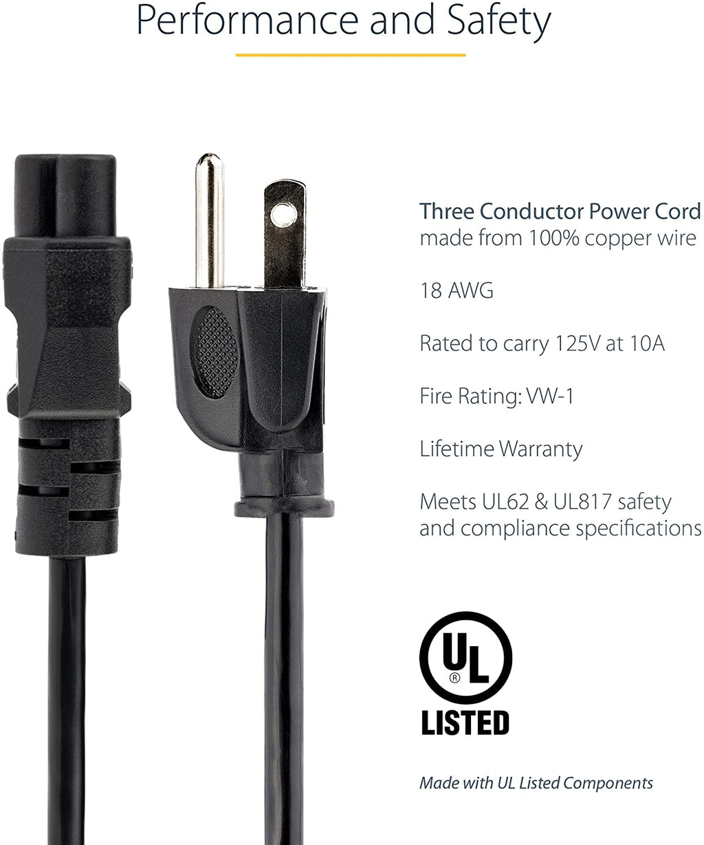 Laptop Power Cord, NEMA 1-15P to C5 (Mickey Mouse), 10A 125V, 18AWG Laptop Replacement Cord