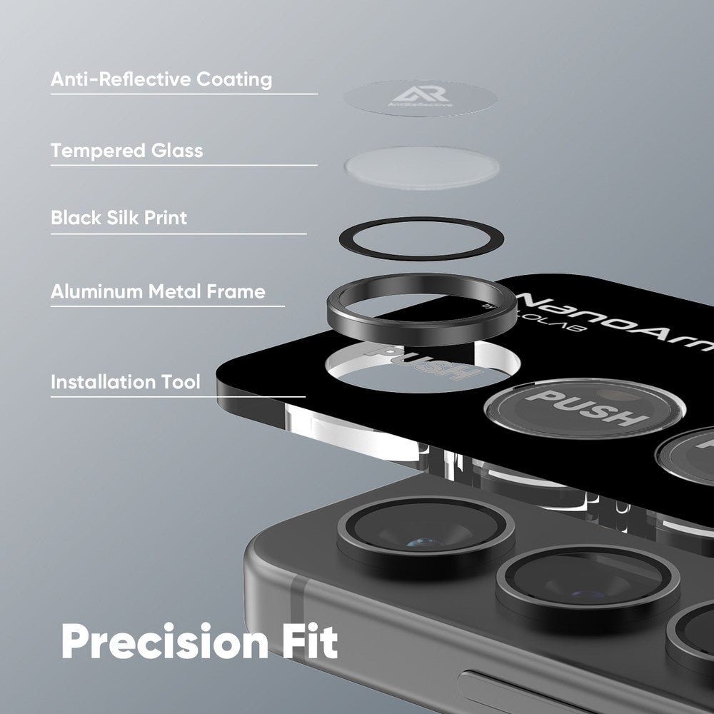 FLOLAB NanoArmour for Samsung Galaxy S25 Camera Lens Protector, Tempered Glass, Aluminum Camera Ring, Anti Reflective TruColors Crystal Clear - 2 Color Options