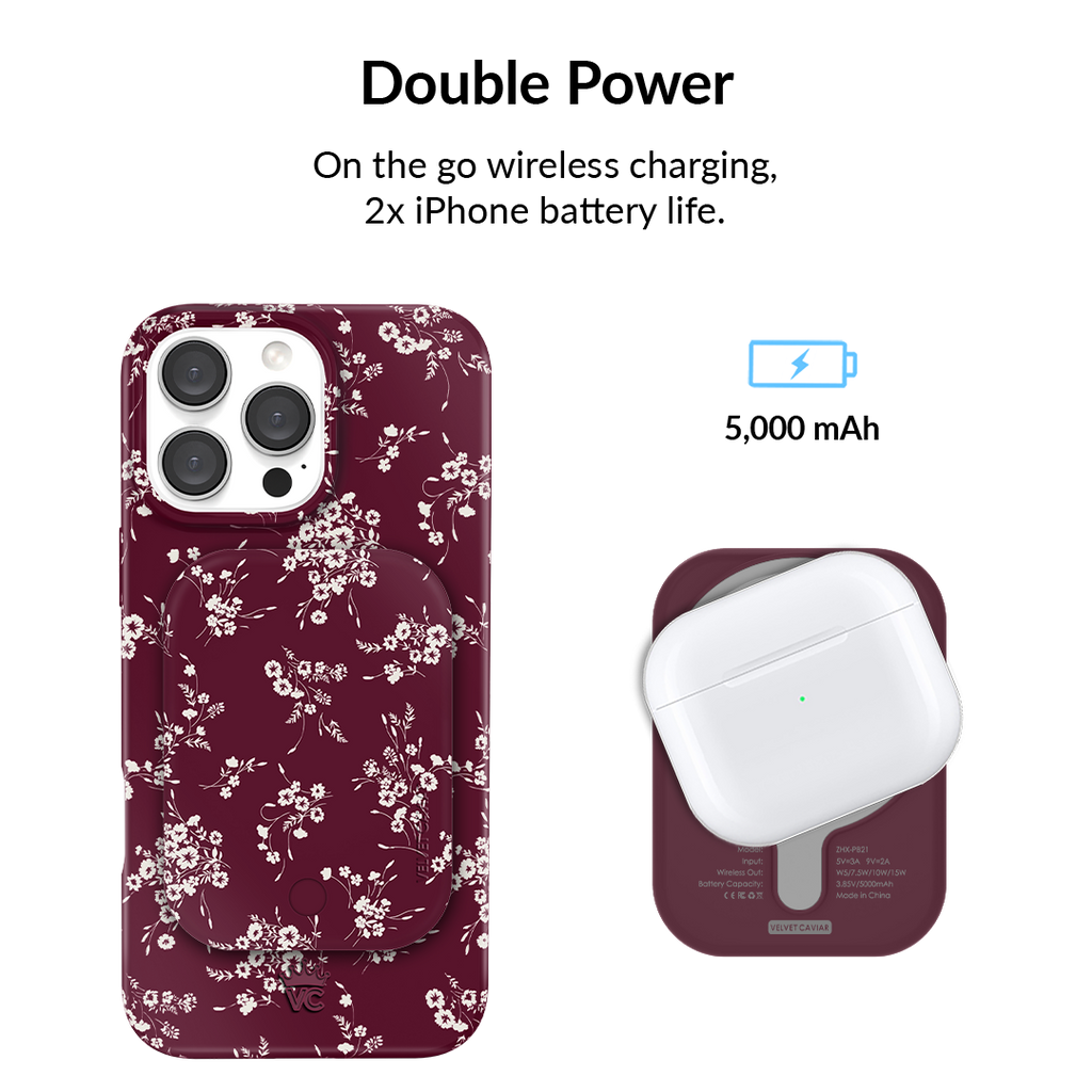 French Burgundy Floral MagSafe Battery Power Pack
