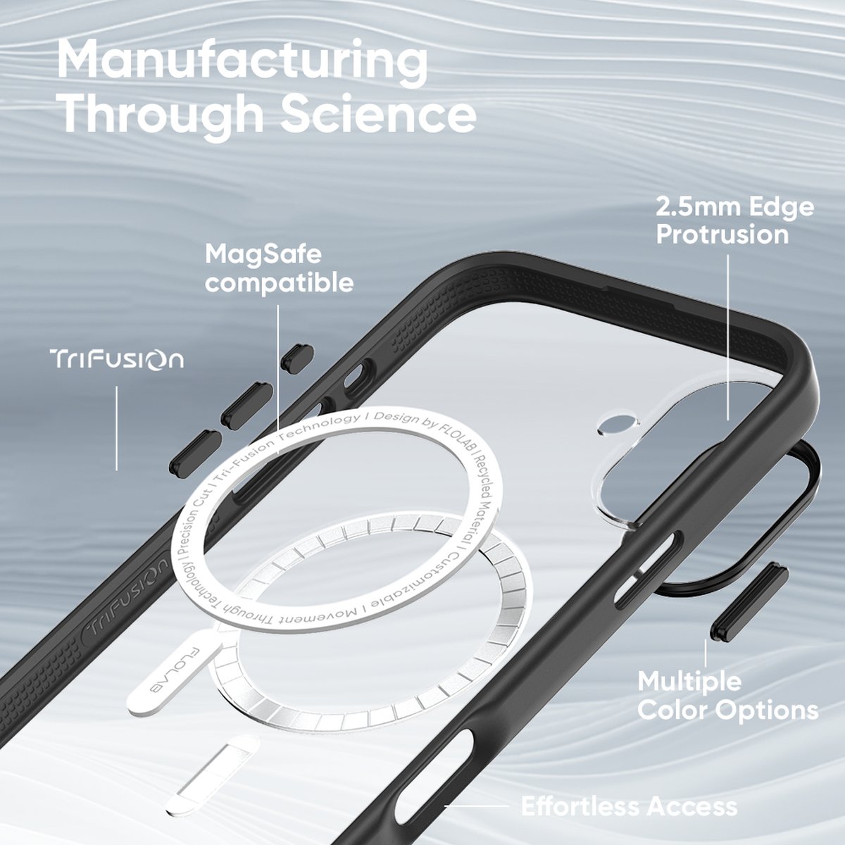 FLOLAB Surtect Tri-Fusion MagSafe Compatible Case – iPhone 16 Series (Black Frost White Ring)